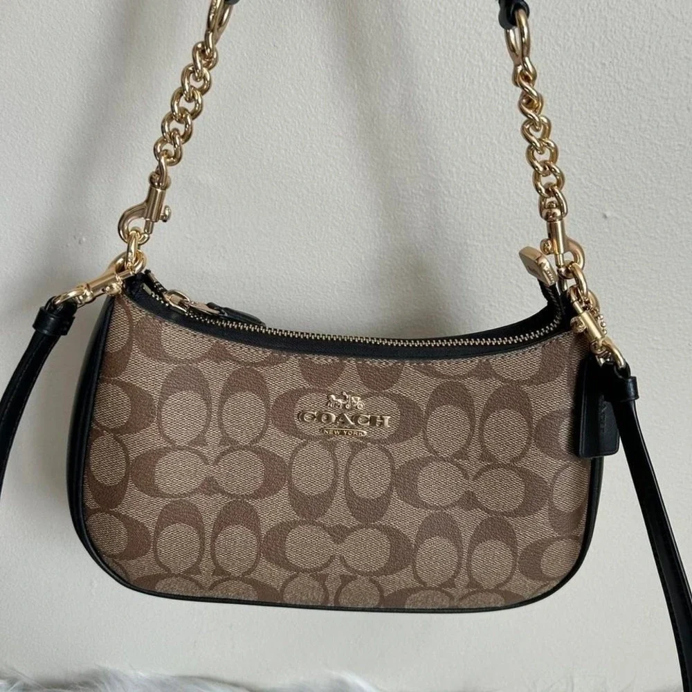 Coach Teri Hobo Khaki‎ Signature Canvas Leather Shoulder Bag Excellent